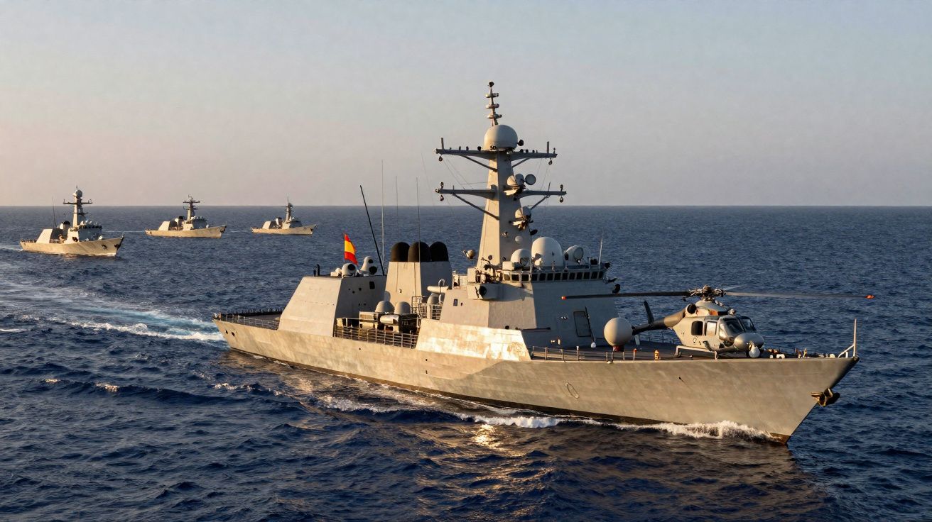 Quatro navios de guerra a navegar no mar com helicóptero no convés do navio à frente.