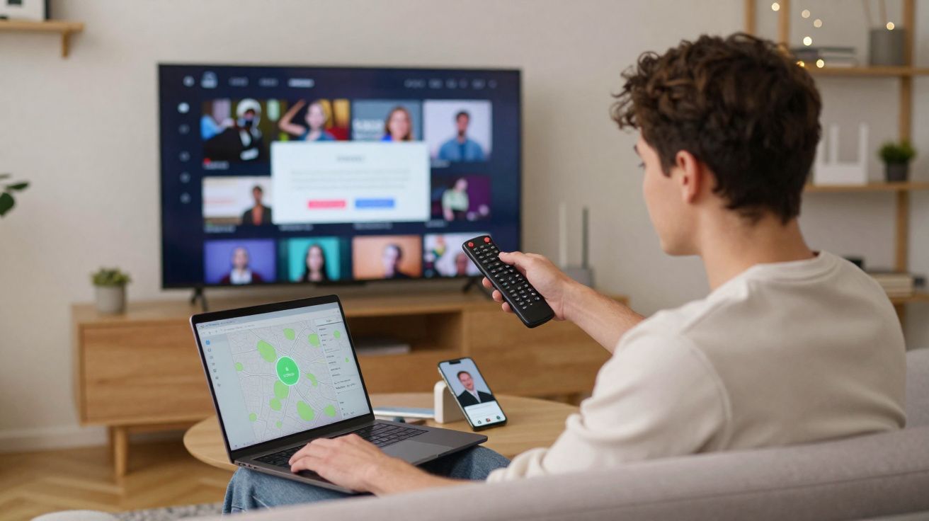 Pessoa sentada no sofá com portátil, smartphone e comando, televisão ligada ao fundo.