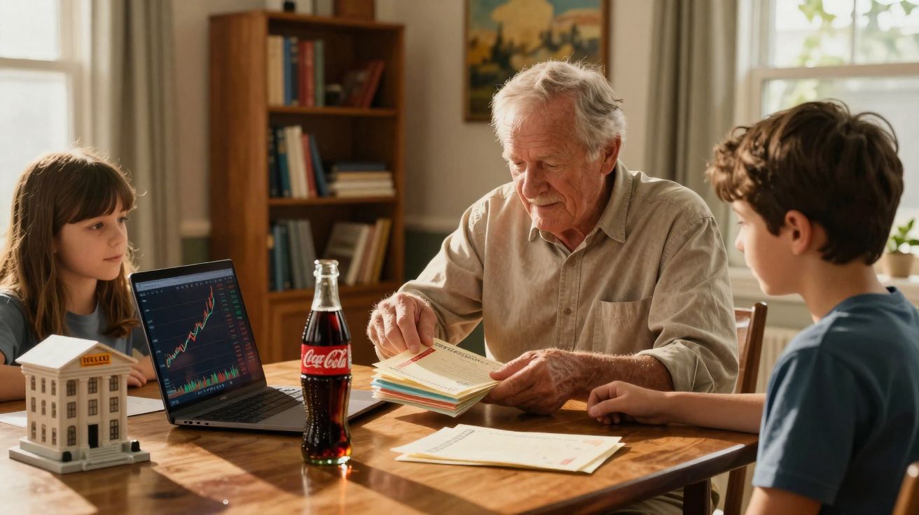 Idoso ensina duas crianças sobre finanças com laptop, cadernos e garrafa de Coca-Cola numa mesa.