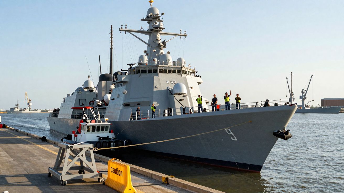 Cruzador naval cinzento atracado, com tripulantes em coletes a acenar no convés sob céu limpo.