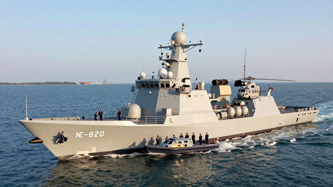Navio militar cinzento NE-820 com tripulação a bordo e um bote rápido a seu lado no mar calmo.
