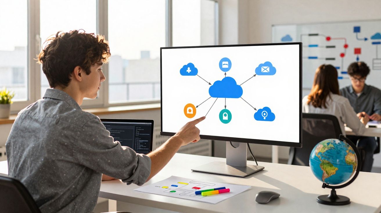 Pessoa a apontar para gráfico de nuvem digital numa mesa de escritório com computador portátil e globo terrestre.