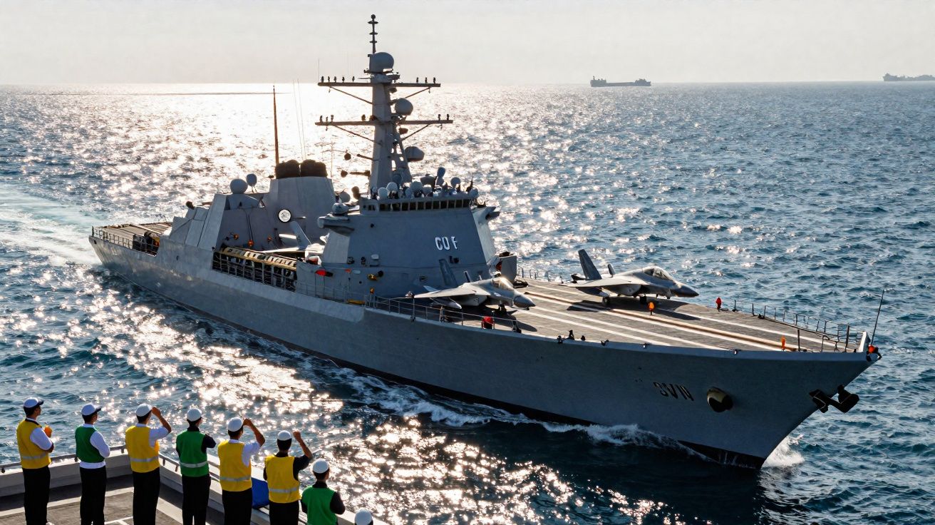 Porta-aviões militar cinzento a navegar no mar com tripulação a cumprimentar desde outra embarcação.