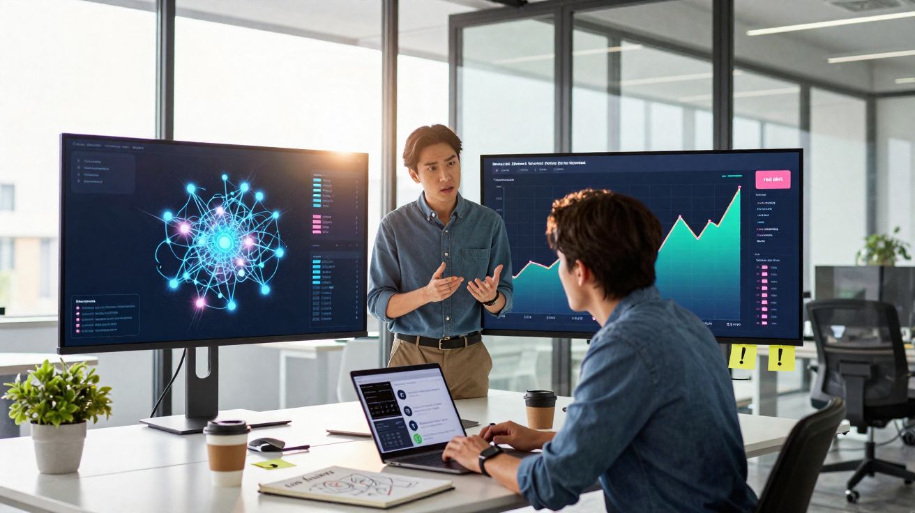 Duas pessoas discutem dados em gráficos e visualização de rede em ecrãs numa sala de escritório moderna.
