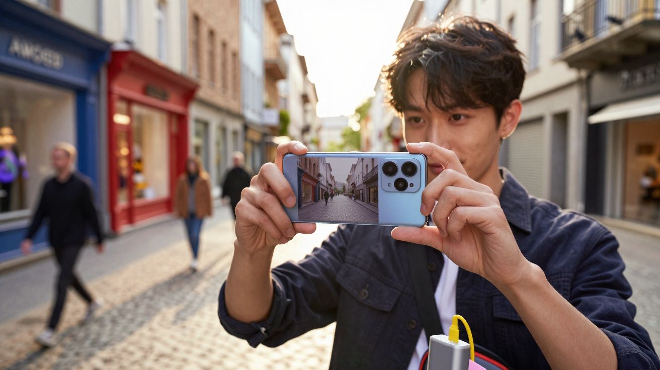 Homem a tirar fotografia numa rua com smartphone azul, com pessoas difusas ao fundo.