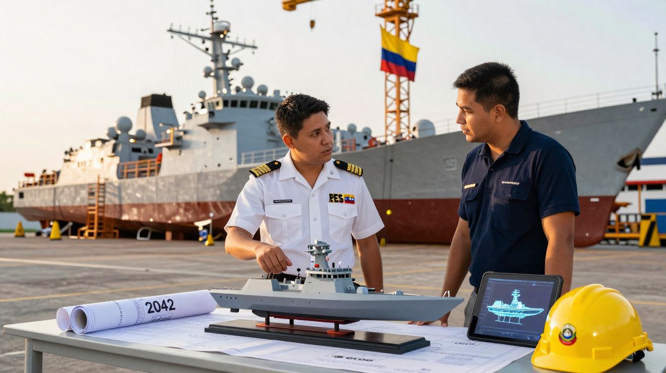 Dois homens discutem um modelo de navio em miniatura sobre uma mesa, com um navio real ao fundo no cais.