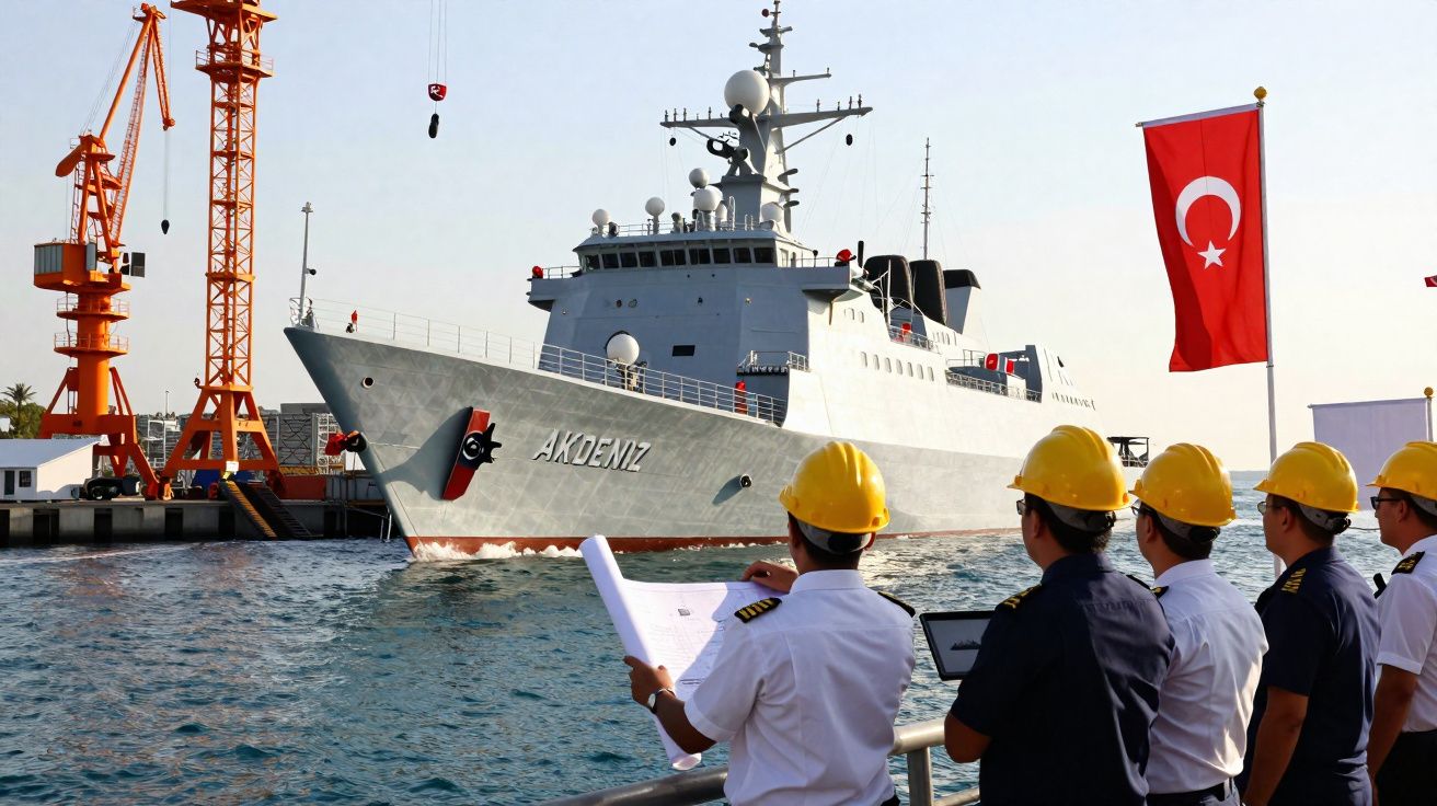 Pessoas de capacete e uniforme observam o navio militar Akdeniz atracado em porto com bandeiras da Turquia.