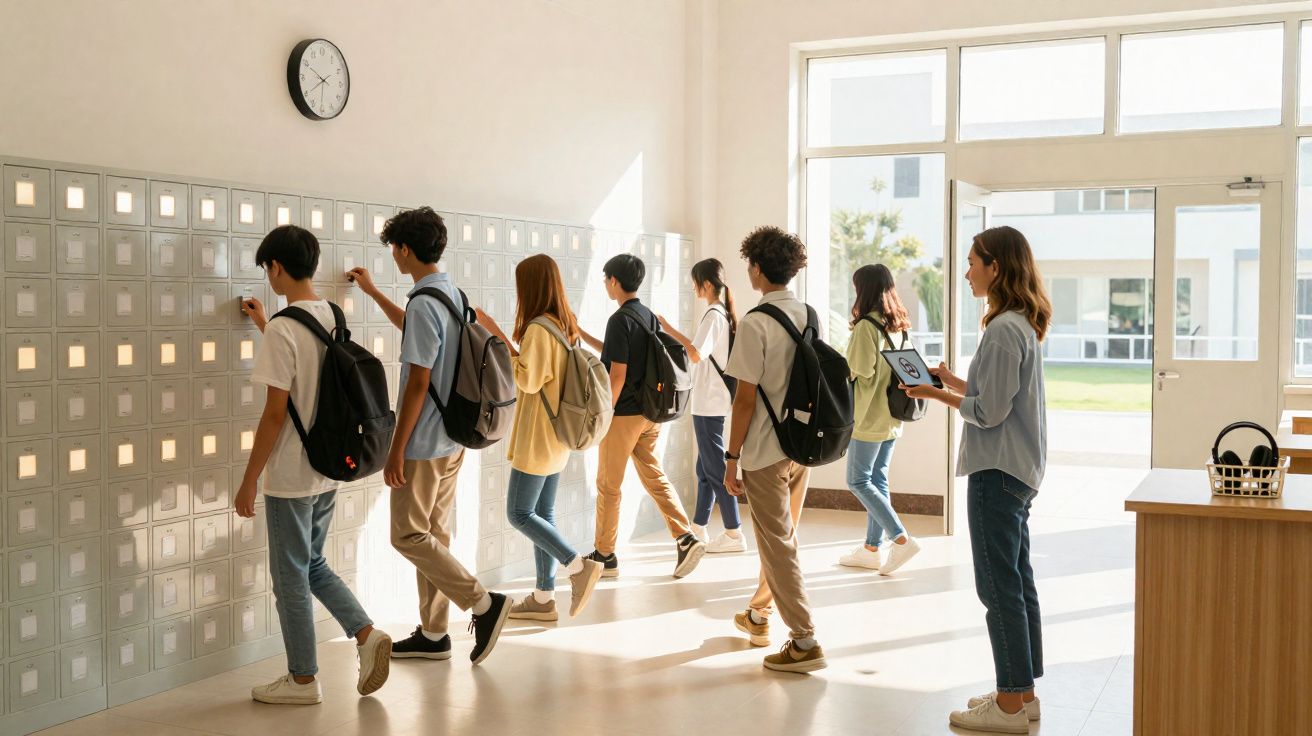 Estudantes com mochilas abrem cacifos numa escola com muita luz natural e uma professora observa com tablet.