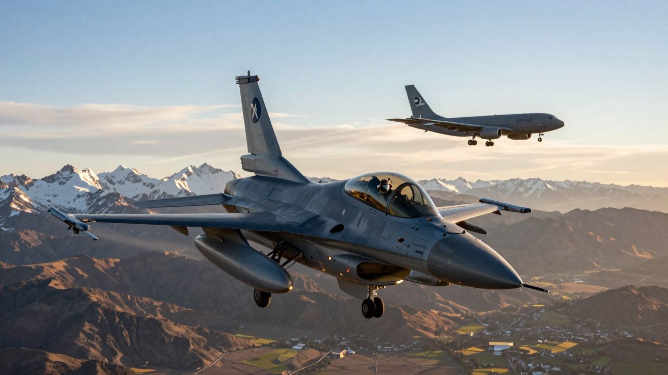 Caça F-16 e avião de reabastecimento KC-135 voando sobre montanhas ao pôr do sol.