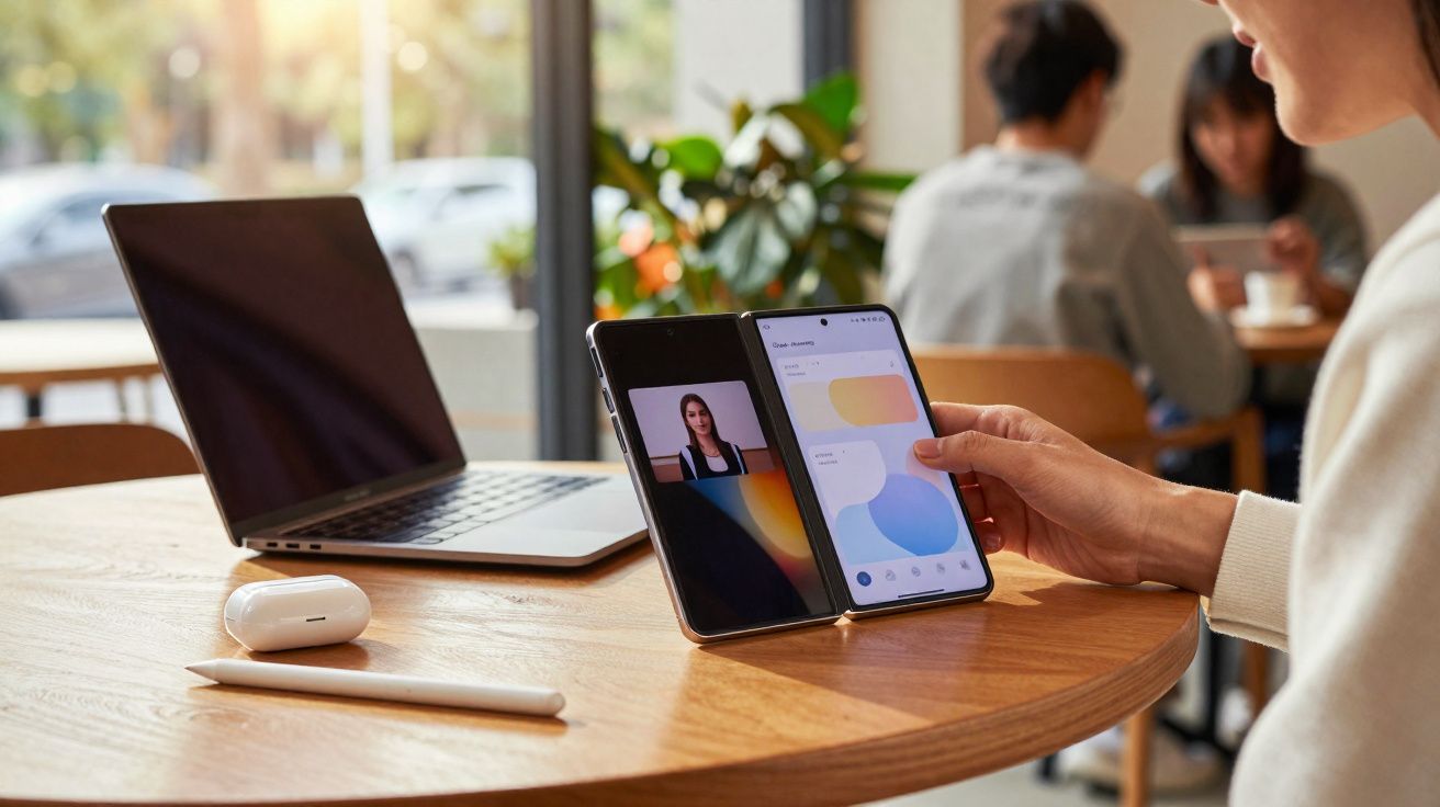 Pessoa utiliza smartphone dobrável com vídeo chamada e laptop numa mesa de madeira num café.