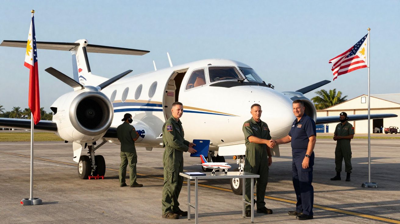 Quatro homens em uniformes militares junto a um jato branco na pista, com bandeiras das Filipinas e dos EUA.