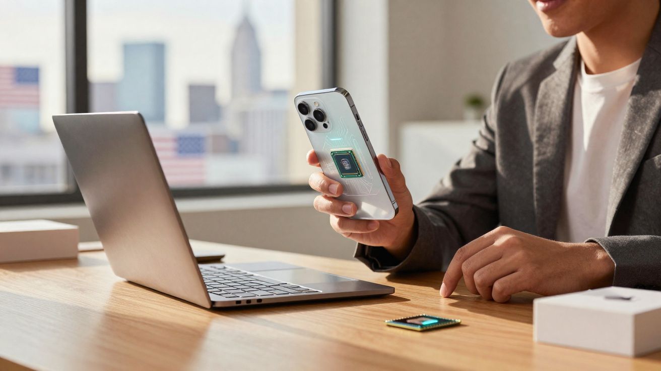 Pessoa a segurar um smartphone branco com chip visível, perto de portátil aberto numa mesa de madeira.