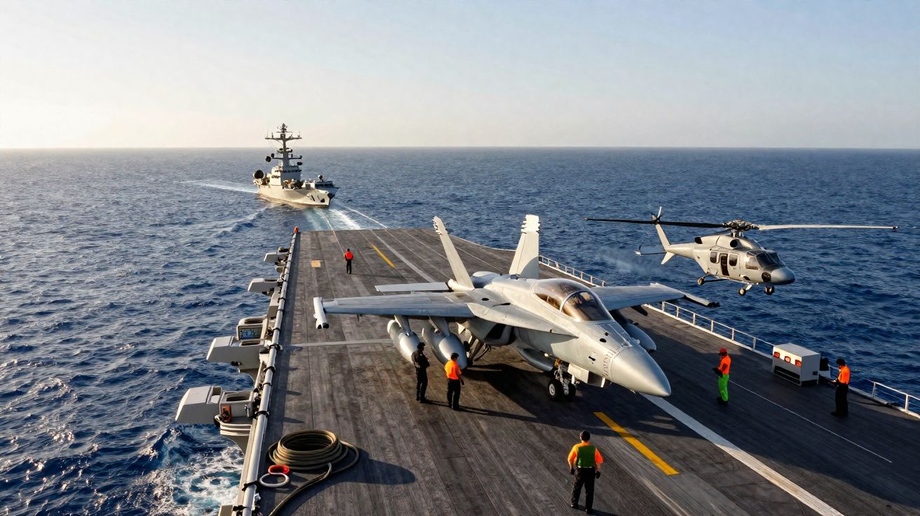 Porta-aviões no mar com caças, helicóptero a pairar e tripulação no convés durante operação naval.
