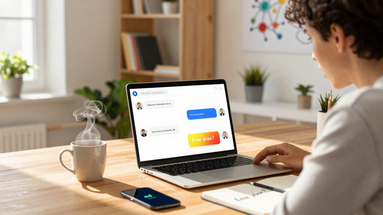 Pessoa a comunicar por chat no portátil numa mesa com telemóvel, bloco de notas e chá quente.