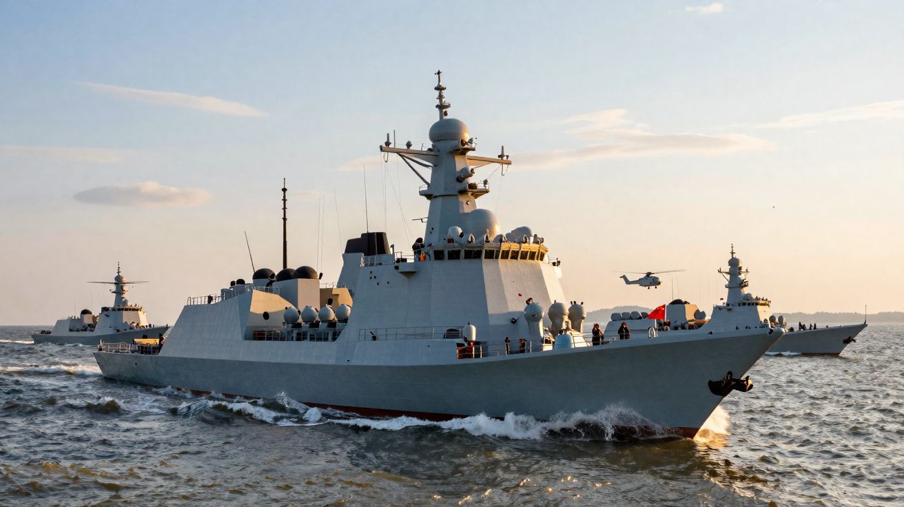 Três navios de guerra em mar aberto, com helicóptero a sobrevoar próximo ao navio da frente ao pôr do sol.