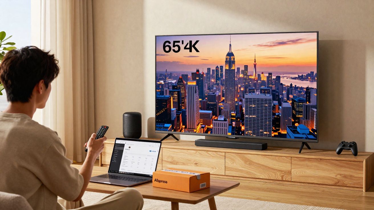 Pessoa sentada a controlar uma televisão 65" 4K com imagem de skyline ao pôr do sol numa sala moderna.