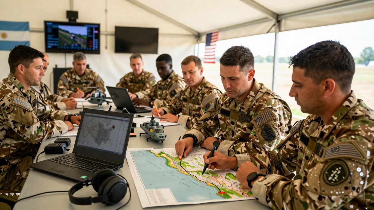 Soldados em uniforme militar a discutir estratégias sobre um mapa em mesa dentro de uma tenda.