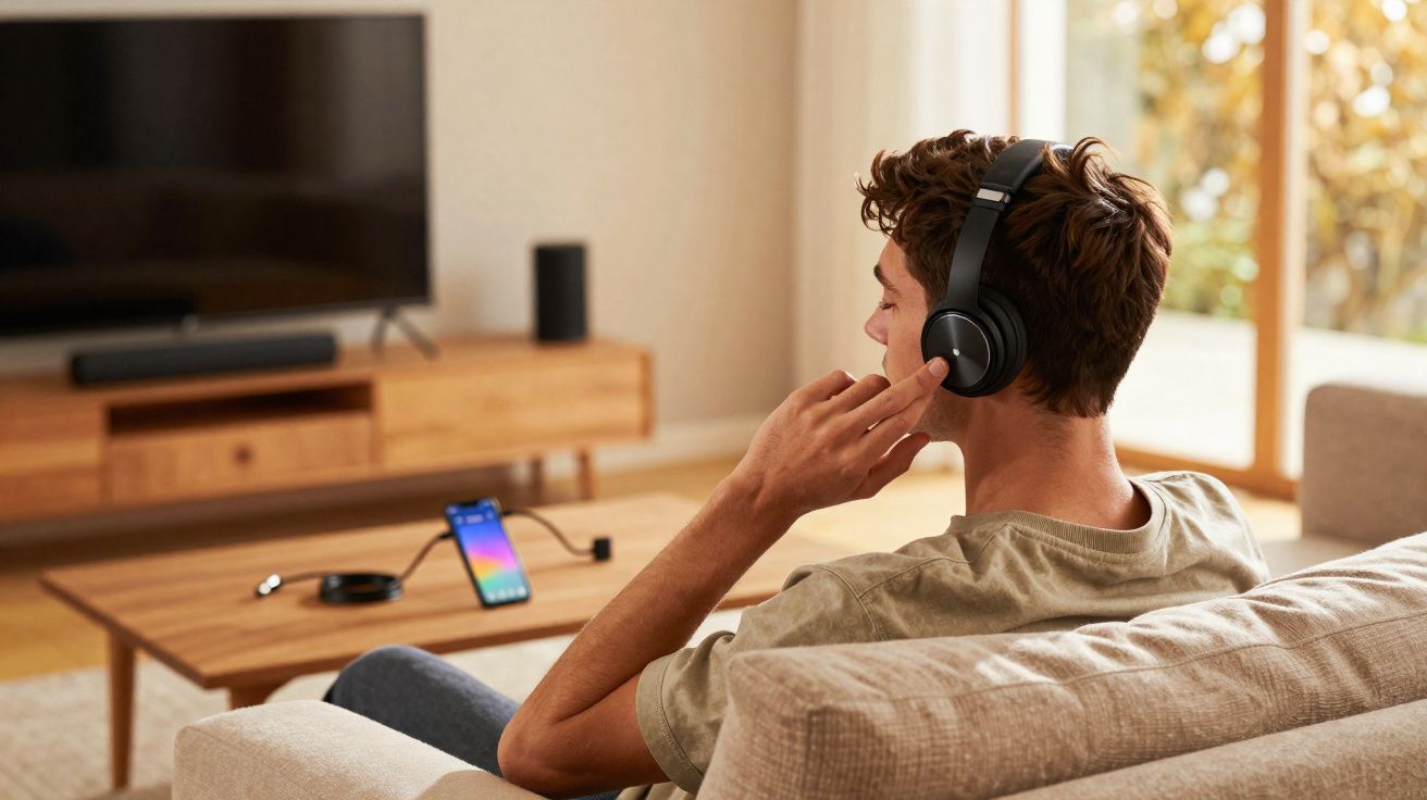 Jovem sentado no sofá a ouvir música com auscultadores sem fios, controla som com dedo, smartphone na mesa.