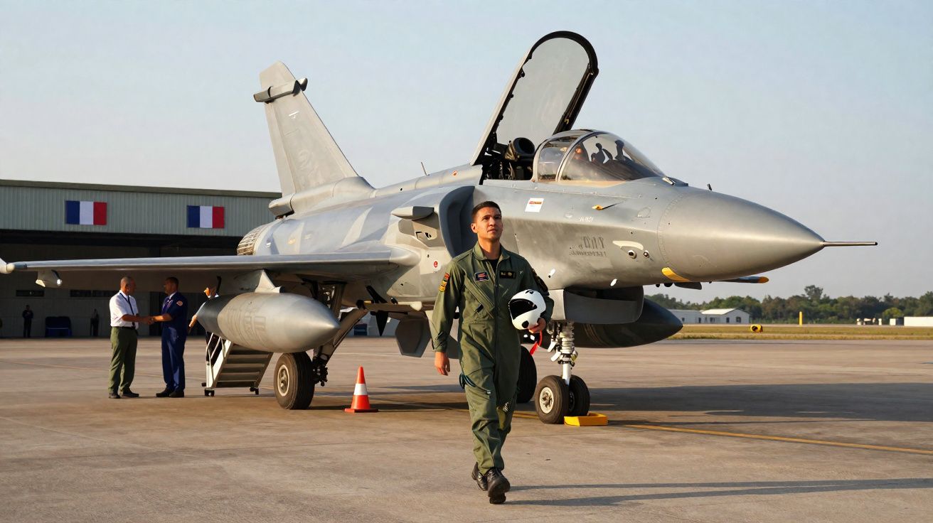 Piloto militar com fato verde caminha junto a caça aéreo cinzento com cockpit aberto num aeroporto.