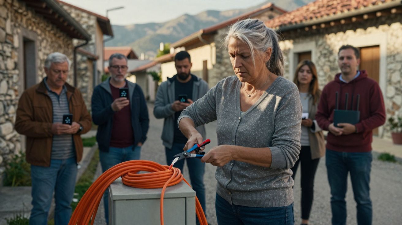 Mulher a cortar cabo laranja enquanto cinco pessoas observam com telemóveis e router em zona residencial.