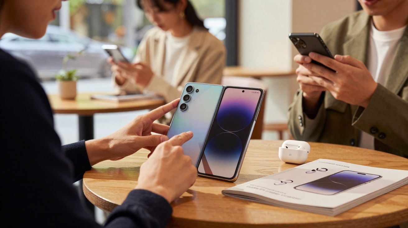 Pessoas sentadas à mesa de café a usar telemóveis e a testar um novo modelo de smartphone.