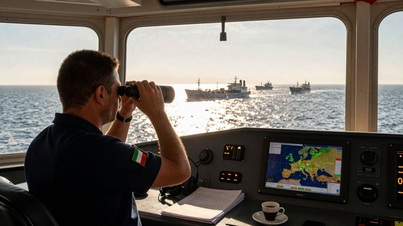 Homem com binóculos a observar navios no mar a partir da cabine de comando de um barco, com ecrã de radar.