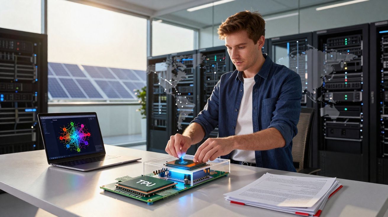 Homem a trabalhar num projeto de tecnologia com chip TPU num laboratório moderno, computador e papéis à sua frente.