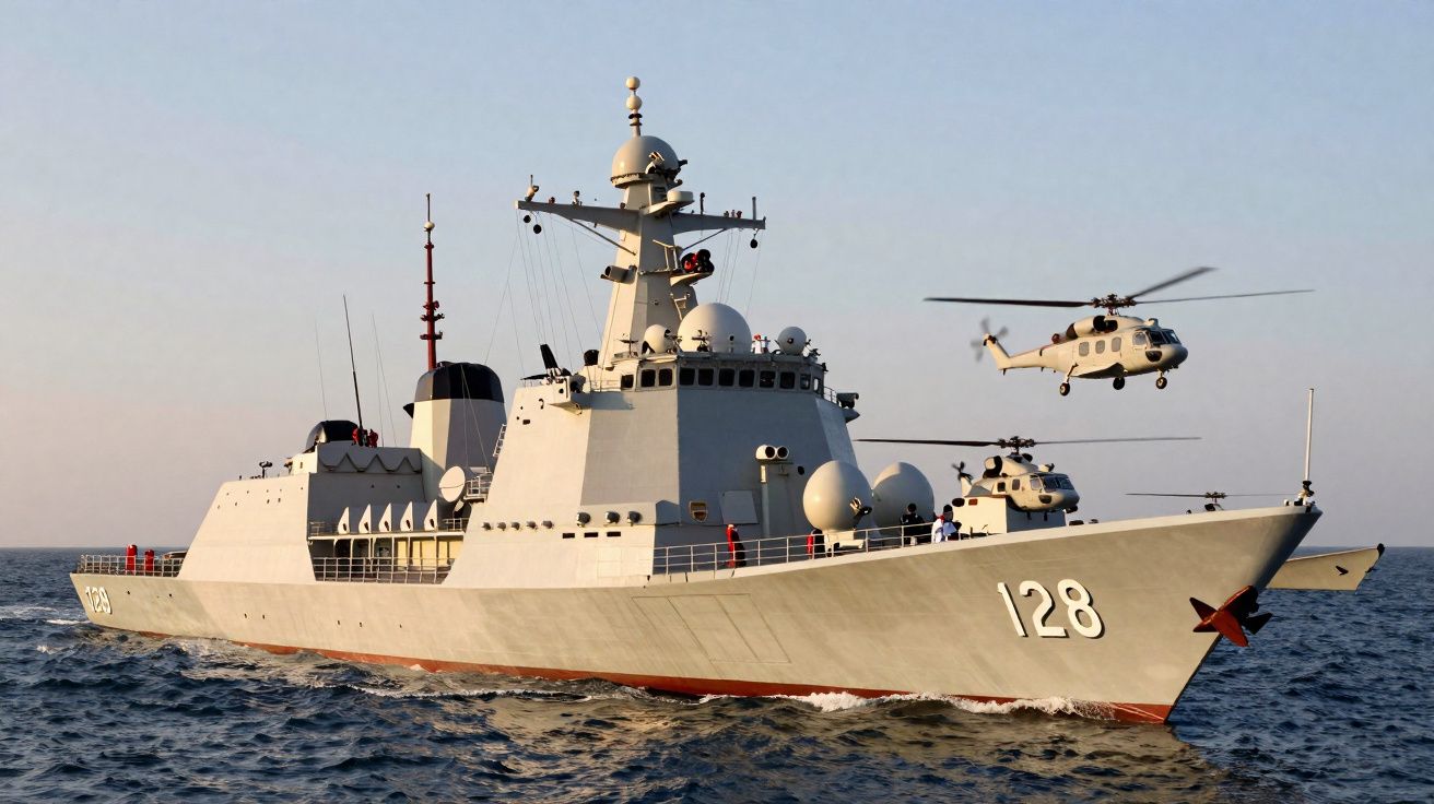 Porta-aviões militar cinzento com o número 128 navega no mar com helicópteros em voo próximo.