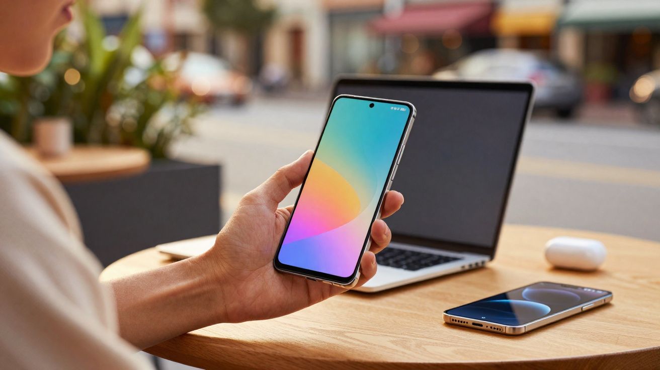 Pessoa a segurar smartphone com ecrã colorido, com portátil aberto e outro telemóvel numa mesa de café ao ar livre.