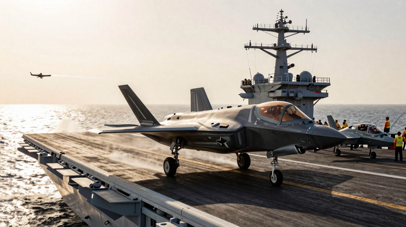 Caça F-35 a taxiá em porta-aviões ao pôr do sol com tripulação e outro caça ao fundo.