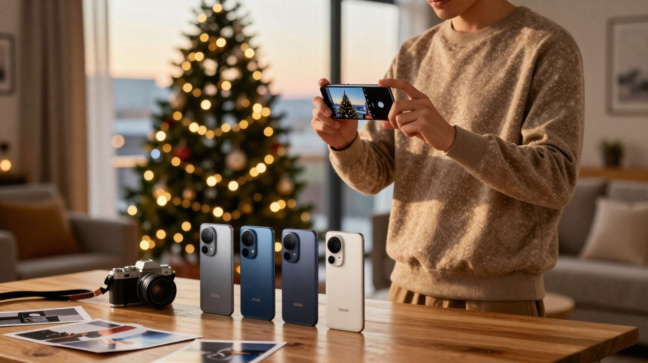 Pessoa a tirar foto a quatro smartphones alinhados numa mesa, com árvore de Natal desfocada ao fundo.