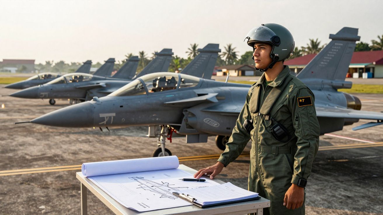 Piloto militar em fato de voo ao lado de planta de jato de combate estacionado numa pista de aeroporto.