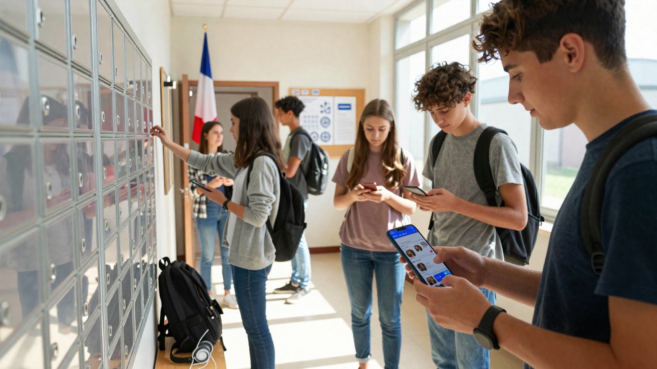 Jovens estudantes com mochilas usam telemóveis junto a cacifos num corredor iluminado por janelas grandes.