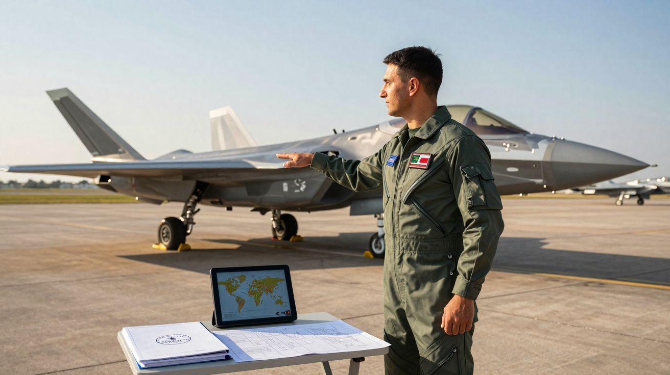 Piloto militar em fato de voo verde aponta para um caça F-35 estacionado numa pista de aeroporto.