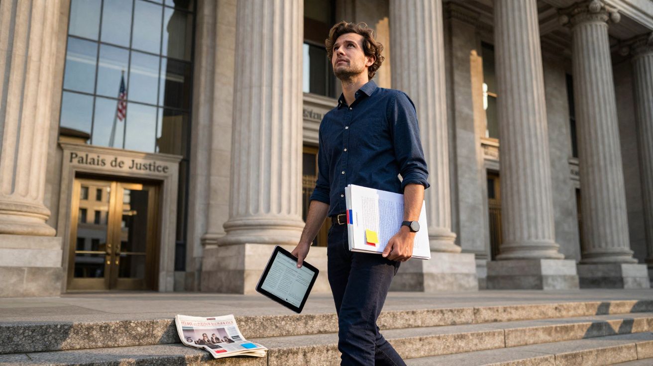Homem com documentos e tablet junto à entrada de um tribunal com colunas imponentes.