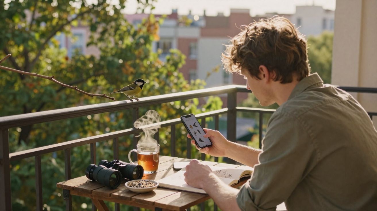 Homem a observar pássaros com smartphone numa varanda, com binóculos, chá e sementes numa mesa.
