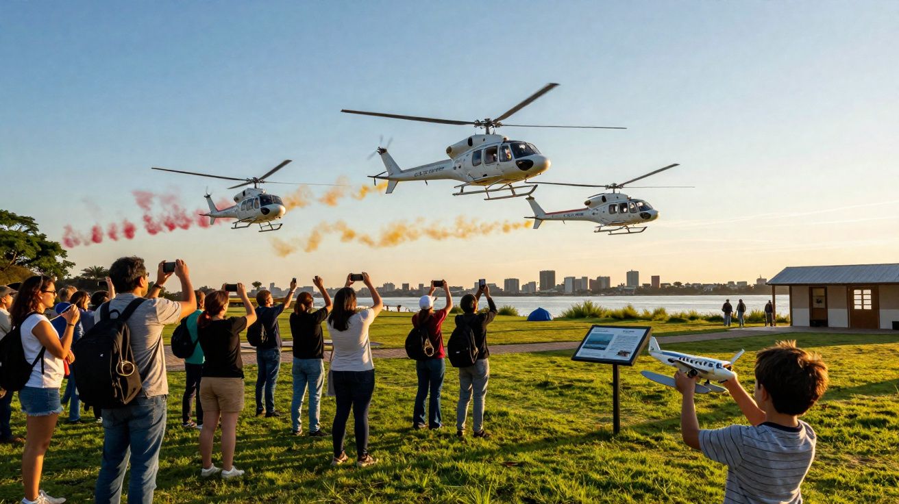 Pessoas observam e tiram fotos de helicópteros a sobrevoar, enquanto uma criança segura um avião de brinquedo.