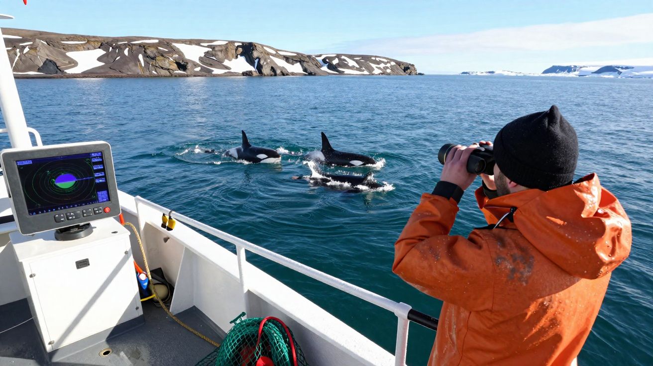Pessoa de casaco laranja observa com binóculos orcas a nadar perto de um barco em águas frias e montanhosas.