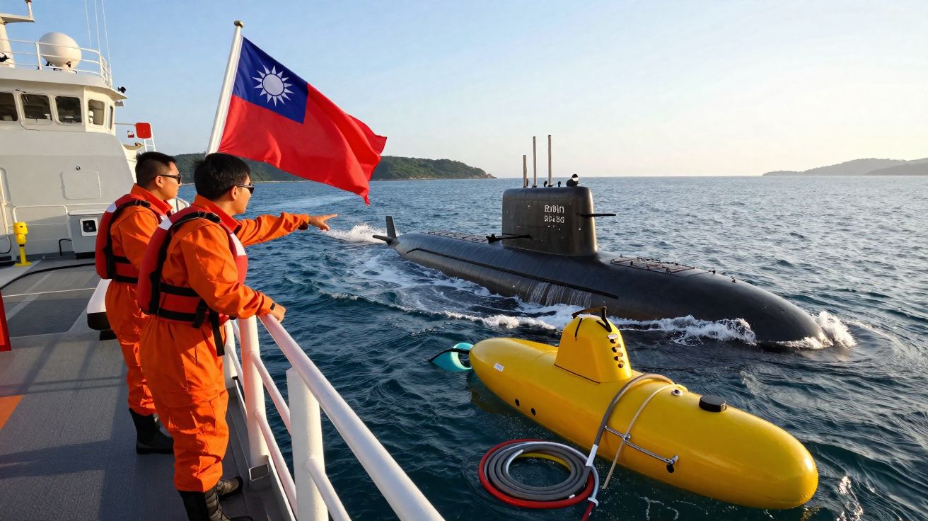 Dois militares em fato laranja em navio observam submarino preto e veículo subaquático amarelo no mar.