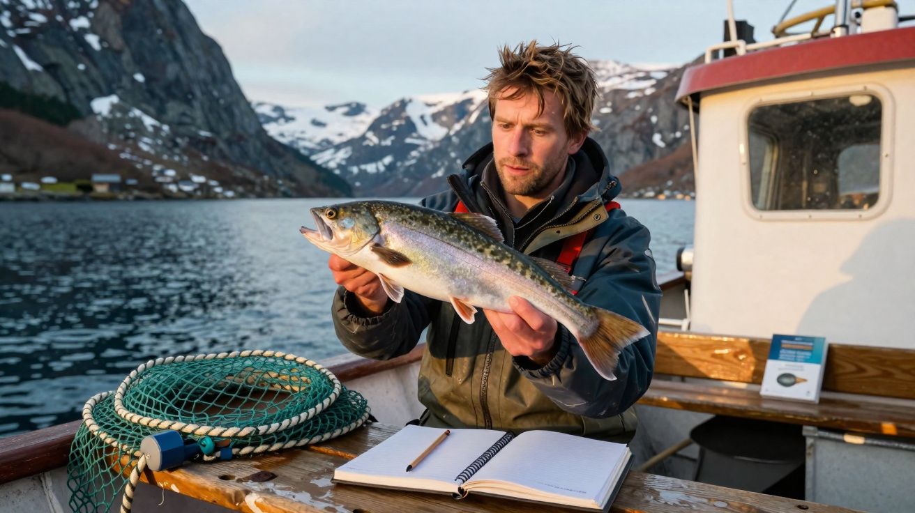Homem num barco a segurar um peixe grande junto a caderno aberto, com montanhas e mar ao fundo.