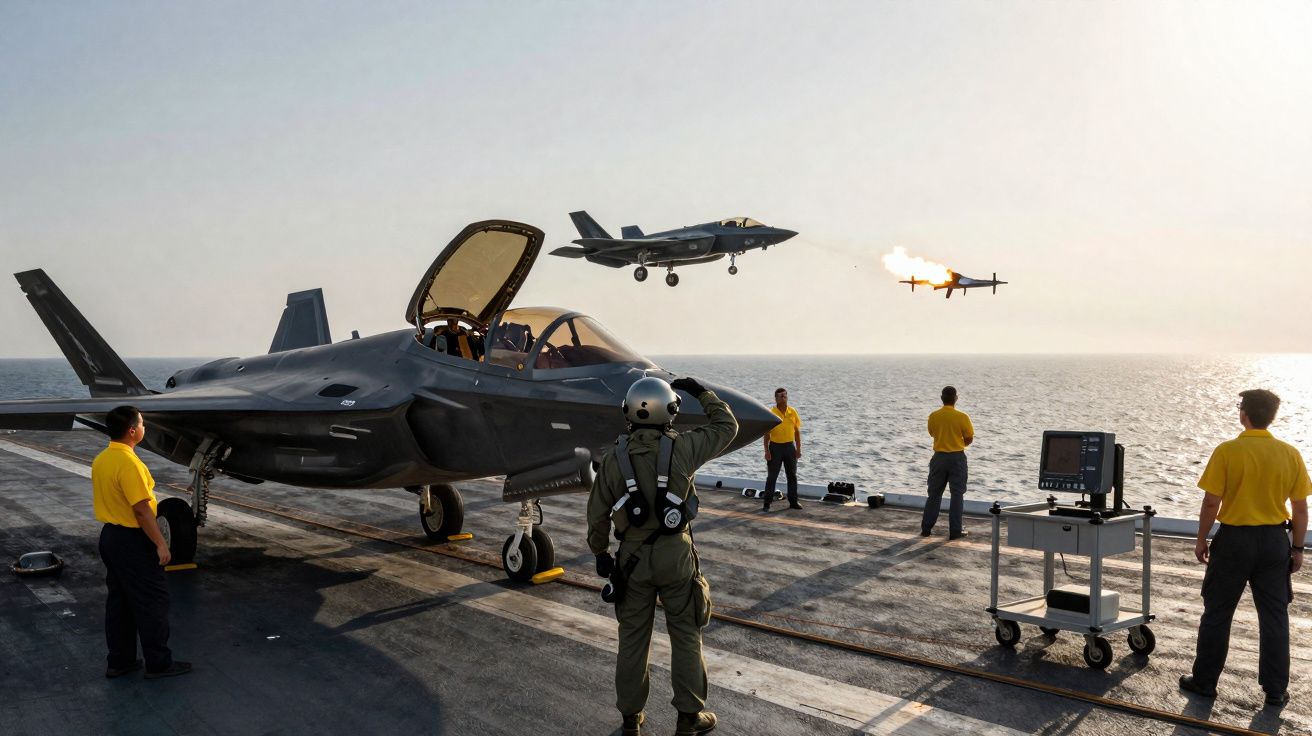 Caça F-35 a lançar míssil sobre porta-aviões com equipa militar a observar no convés ao pôr do sol.