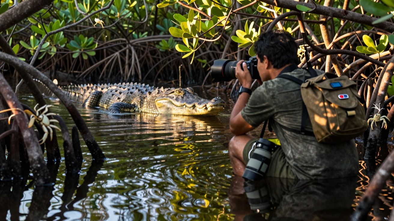 Fotógrafo em água rasa a tirar foto de um crocodilo rodeado de manguezais.