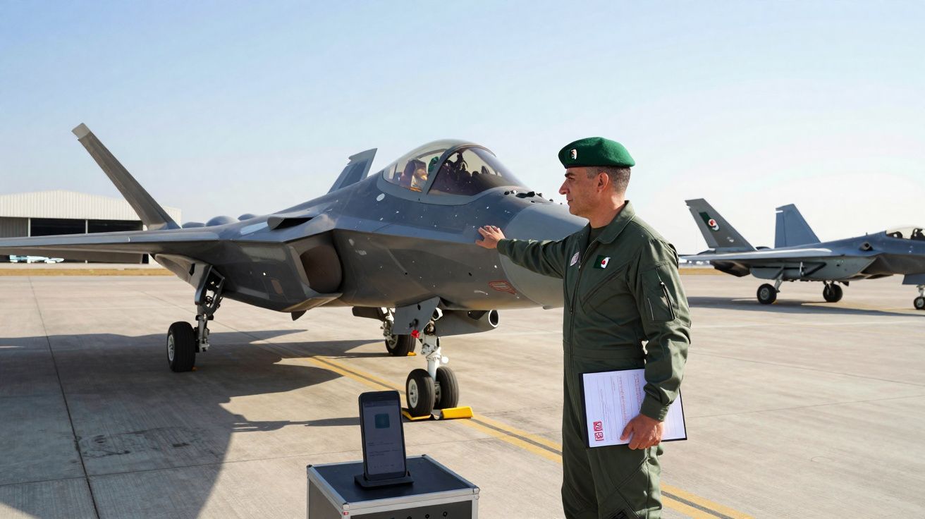 Militar em uniforme verde encostando numa aeronave de caça estacionada num aeroporto.