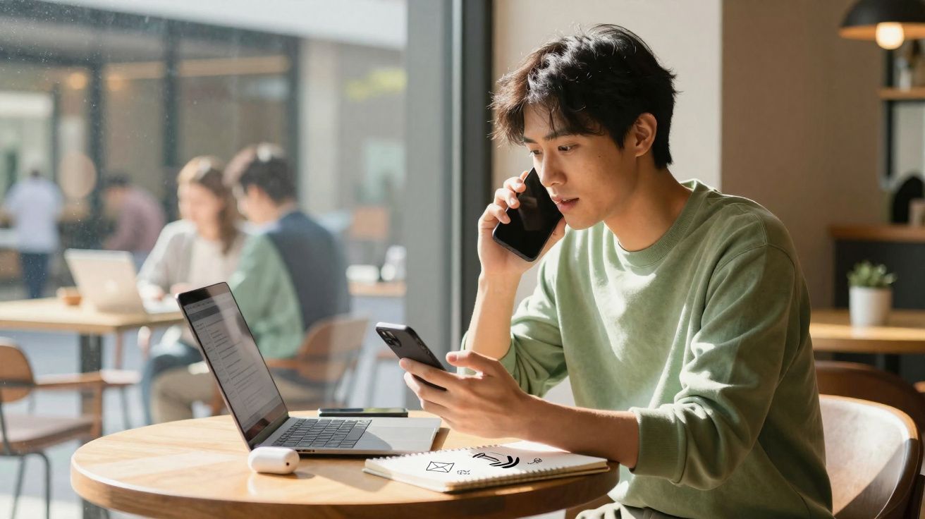 Jovem a trabalhar num café, falando ao telemóvel e a usar um smartphone com computador portátil à frente.