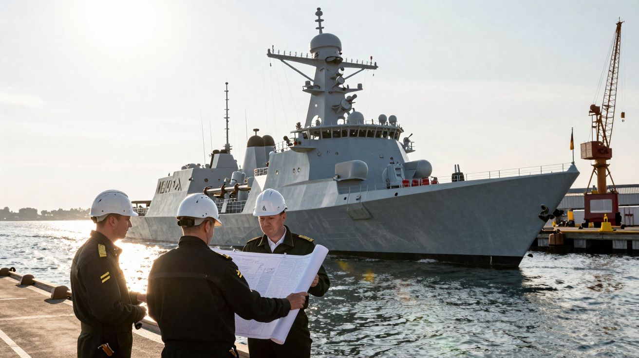 Três militares com capacetes brancos analisam plantas junto a um navio de guerra atracado num porto ao pôr do sol.