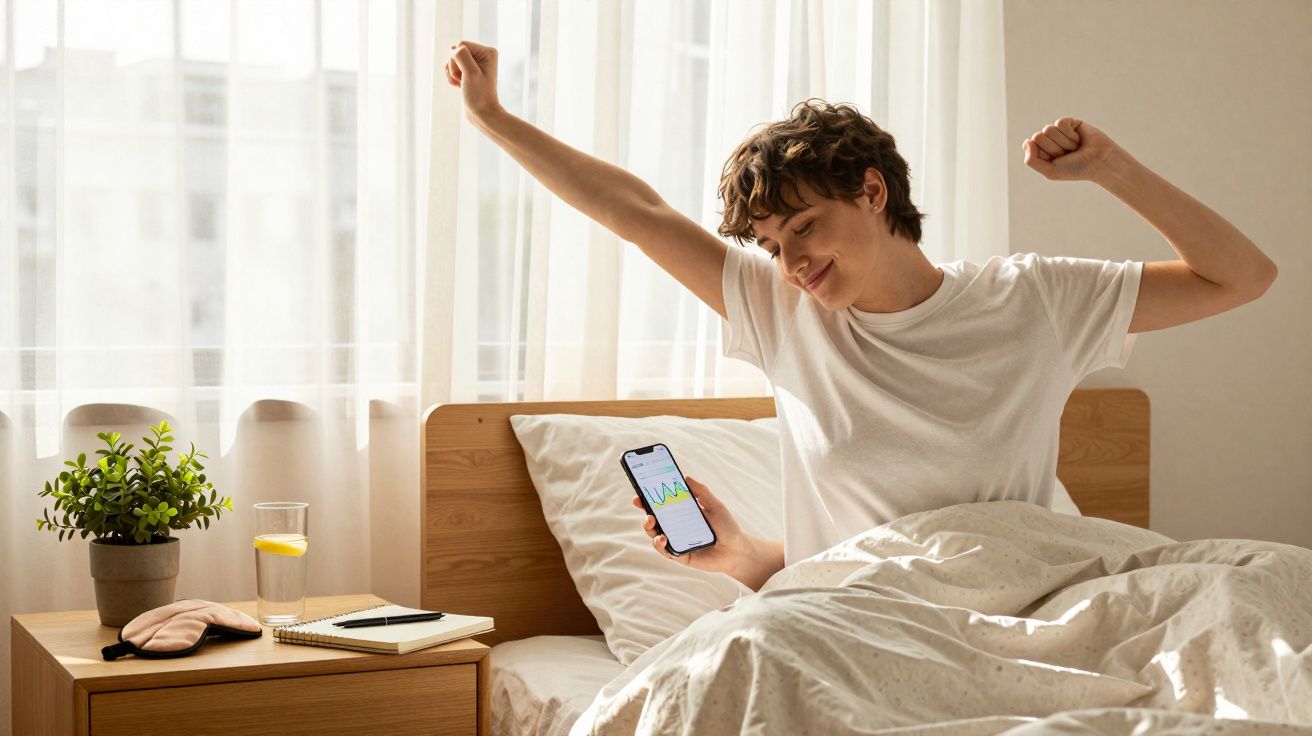 Pessoa a despertar na cama, com um telemóvel na mão e a esticar os braços junto a uma mesa de cabeceira.