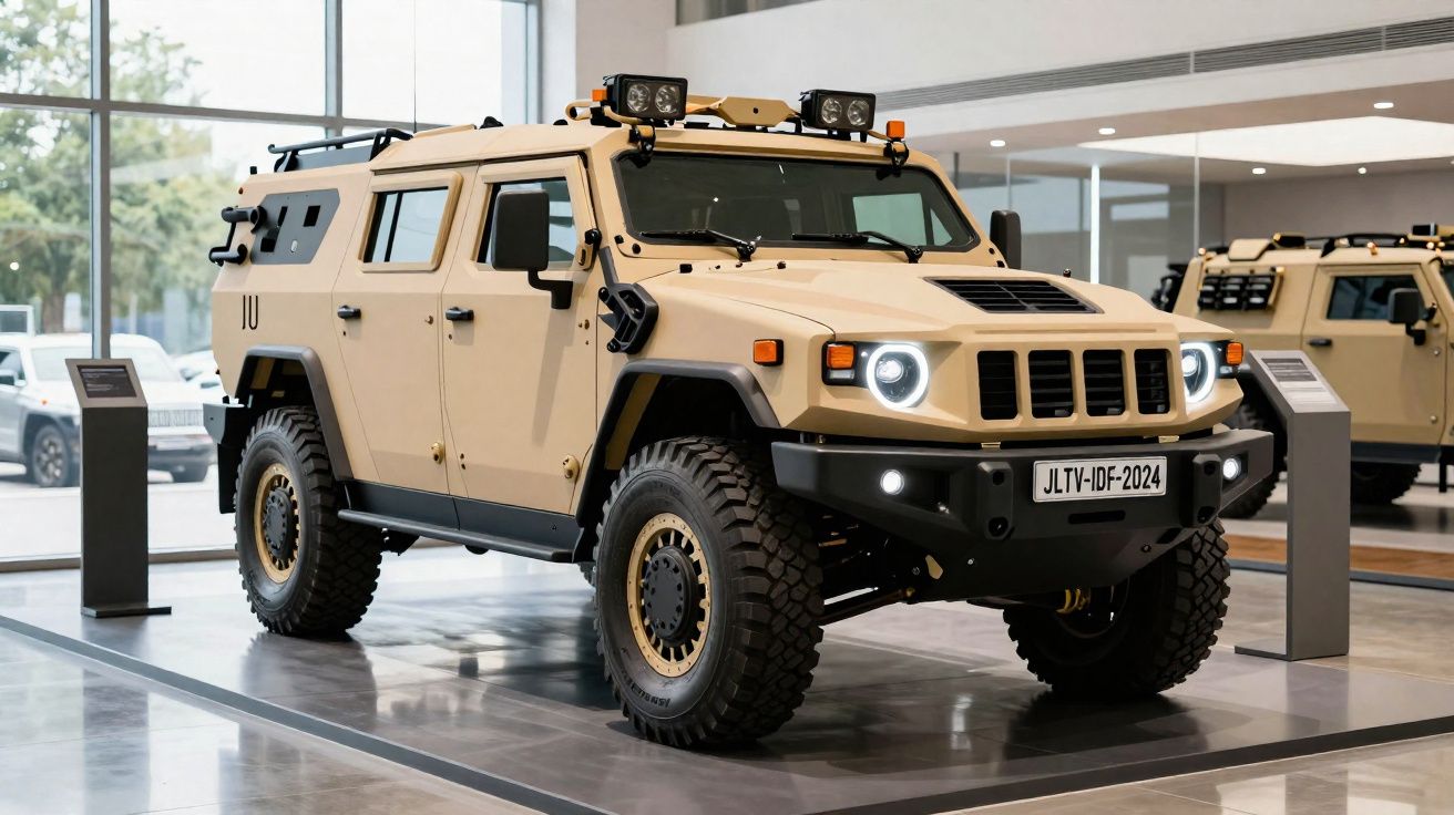 Veículo militar blindado cor bege exposto em interior com janelas amplas e chão cimento polido.