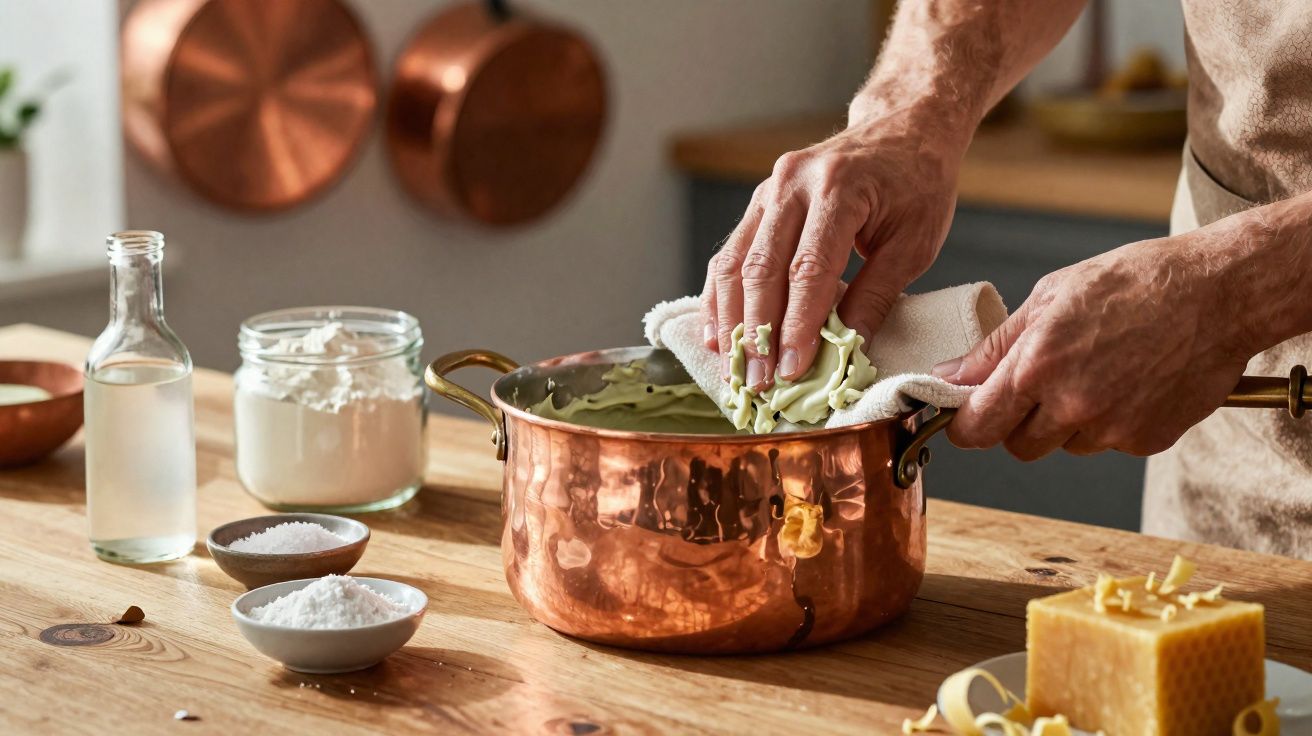 Pessoa a envolver uma panela de cobre com um pano na cozinha rústica com ingredientes ao redor.