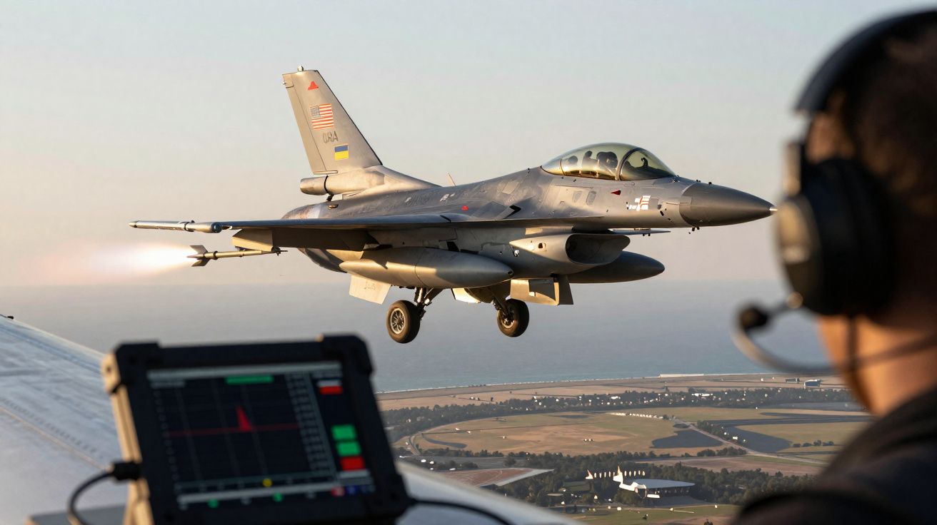 Caça F-16 da Força Aérea dos EUA em voo baixo com piloto a observar instrumentos dentro da aeronave.