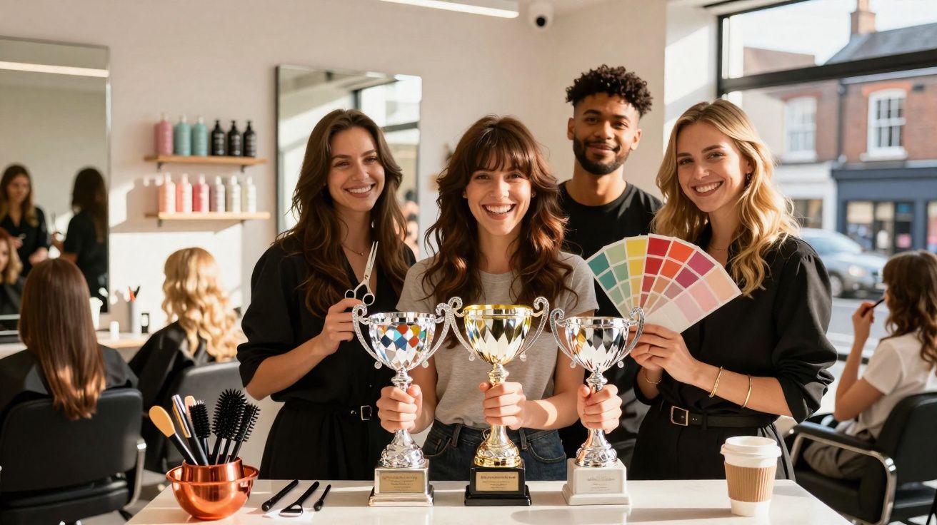 Quatro profissionais de cabeleireiro sorridentes com troféus e paleta de cores numa salão iluminado.